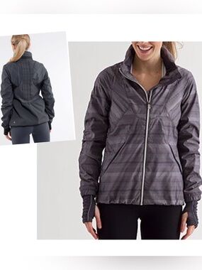 VGUC *Rare Lululemon Run: Hustle Jacket (US 8) *Multi Poncho Stripe Black/Grey